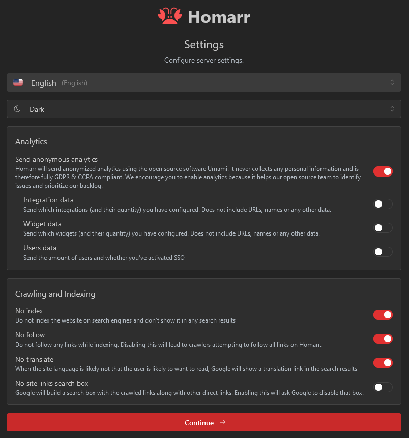 Screenshot of analytics and indexing settings in the onboarding